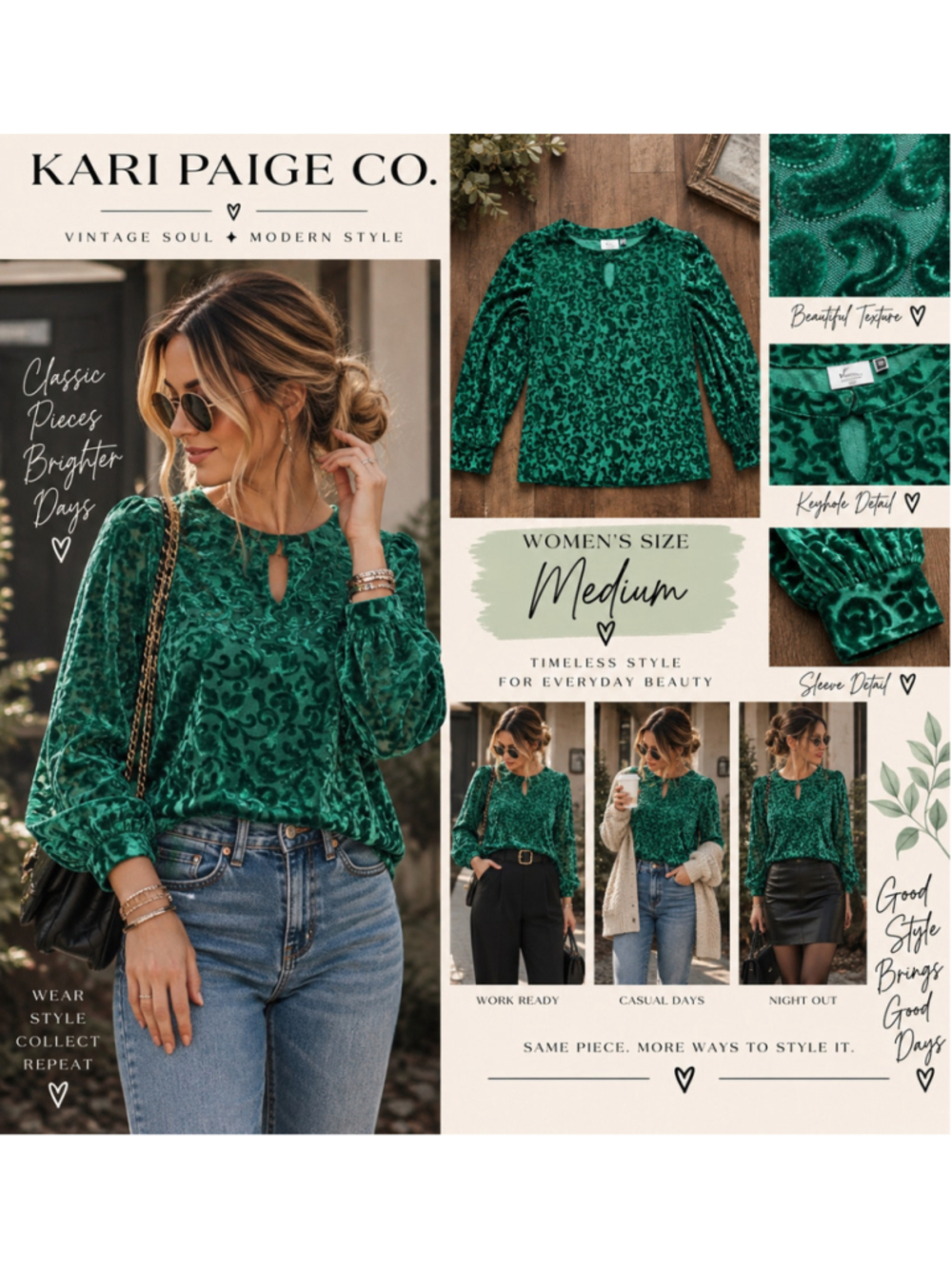 Women's Kim Rogers Green Velvet Floral Blouse Size M F26